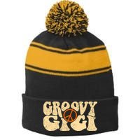 Retro Groovy Gigi Aesthetic Nostalgia 60's 70's Retro Gigi Stripe Pom Pom Beanie