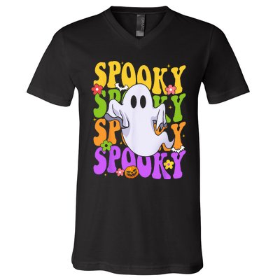 Retro Groovy Ghost Halloween Costume SPOOKY VIBES V-Neck T-Shirt