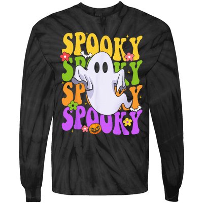 Retro Groovy Ghost Halloween Costume SPOOKY VIBES Tie-Dye Long Sleeve Shirt