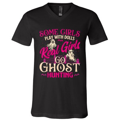 Real Girl Go Ghost Hunting Ghosts Paranormal Researcher V-Neck T-Shirt