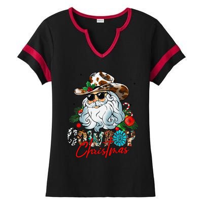 Retro Groovy Howdy Santa Christmas Cowboy Santa Xmas Costume Ladies Halftime Notch Neck Tee