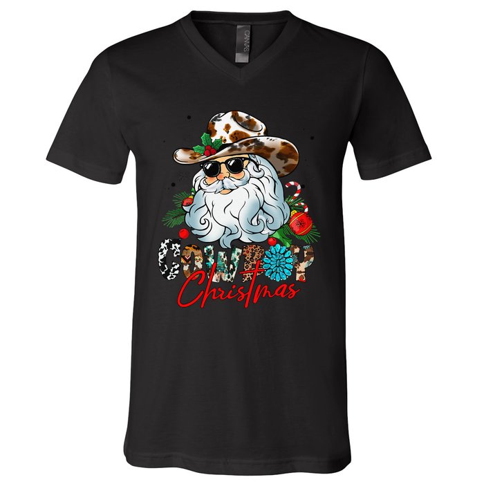 Retro Groovy Howdy Santa Christmas Cowboy Santa Xmas Costume V-Neck T-Shirt