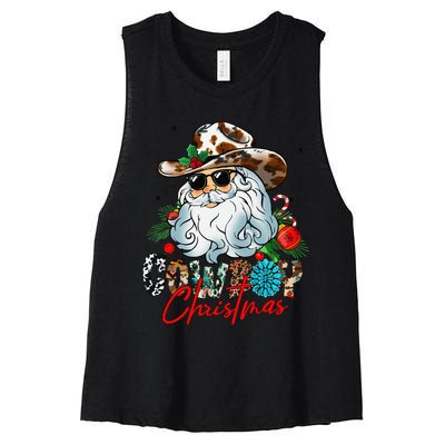 Retro Groovy Howdy Santa Christmas Cowboy Santa Xmas Costume Women's Racerback Cropped Tank