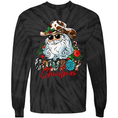 Retro Groovy Howdy Santa Christmas Cowboy Santa Xmas Costume Tie-Dye Long Sleeve Shirt