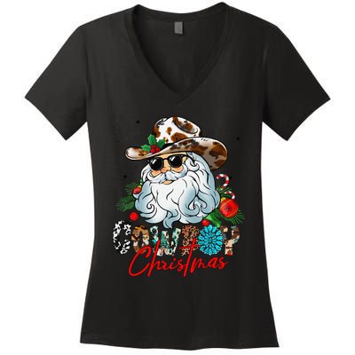 Retro Groovy Howdy Santa Christmas Cowboy Santa Xmas Costume Women's V-Neck T-Shirt