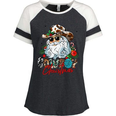 Retro Groovy Howdy Santa Christmas Cowboy Santa Xmas Costume Enza Ladies Jersey Colorblock Tee