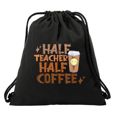 Retro Groovy Half Teacher Half Coffee Happy Teacher's Day Drawstring Bag