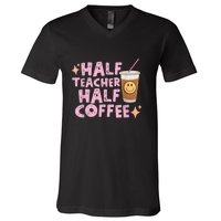 Retro Groovy Half Teacher Half Coffee Happy Teacher's Day V-Neck T-Shirt