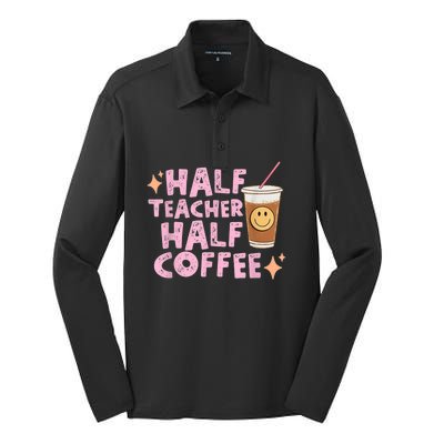 Retro Groovy Half Teacher Half Coffee Happy Teacher's Day Silk Touch Performance Long Sleeve Polo