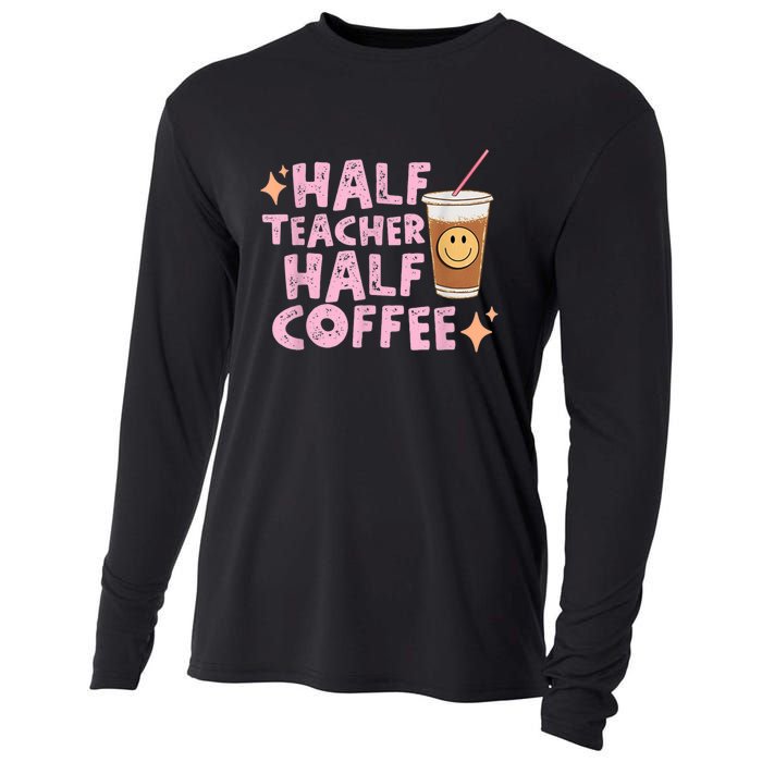 Retro Groovy Half Teacher Half Coffee Happy Teacher's Day Cooling Performance Long Sleeve Crew