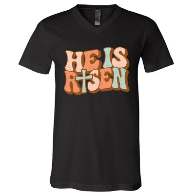 Retro Groovy He Is Risen Jesus Religious Easter Christians V-Neck T-Shirt