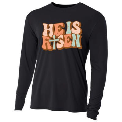 Retro Groovy He Is Risen Jesus Religious Easter Christians Cooling Performance Long Sleeve Crew