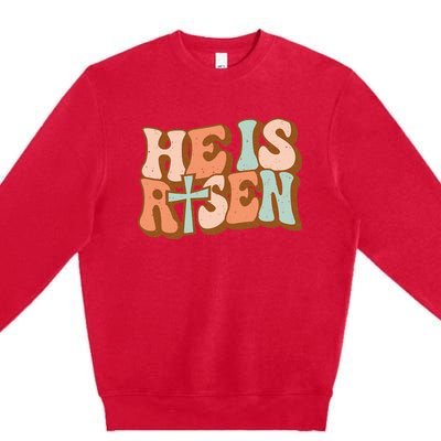 Retro Groovy He Is Risen Jesus Religious Easter Christians Premium Crewneck Sweatshirt