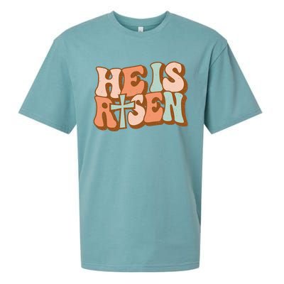 Retro Groovy He Is Risen Jesus Religious Easter Christians Sueded Cloud Jersey T-Shirt