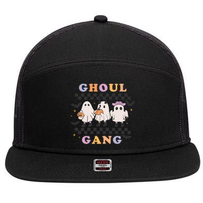 Retro Groovy Halloween Ghoul Gang Ghost Spooky Season Gift 7 Panel Mesh Trucker Snapback Hat