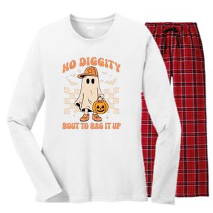 Retro Groovy Halloween Ghost No Diggity Bout To Bag It Up Gift Women's Long Sleeve Flannel Pajama Set 