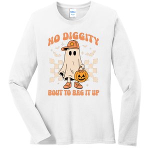 Retro Groovy Halloween Ghost No Diggity Bout To Bag It Up Gift Ladies Long Sleeve Shirt