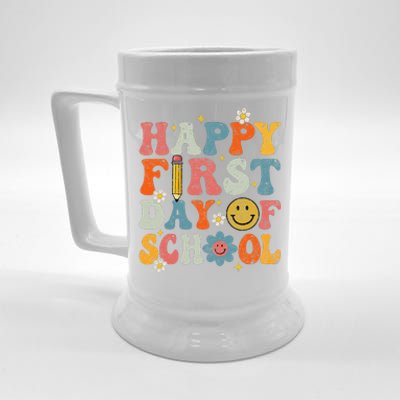 Retro Groovy Happy First Day Of School Teacher Student Beer Stein