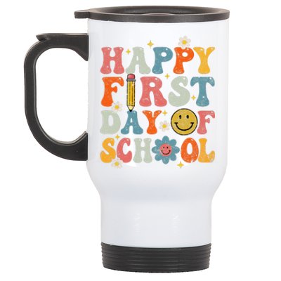 Retro Groovy Happy First Day Of School Teacher Student Stainless Steel Travel Mug