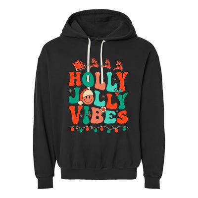 Retro Groovy Holly Xmas Jolly Vibes Christmas Garment-Dyed Fleece Hoodie