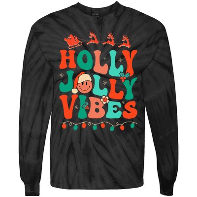 Retro Groovy Holly Xmas Jolly Vibes Christmas Tie-Dye Long Sleeve Shirt