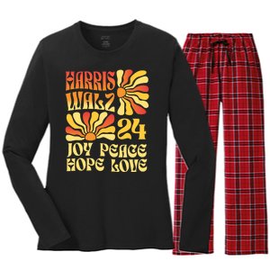 Retro Groovy Hope Joy Love Peace Kamala Harris Walz 2024 Women's Long Sleeve Flannel Pajama Set 