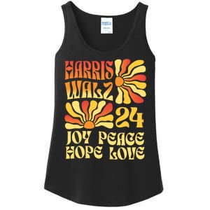 Retro Groovy Hope Joy Love Peace Kamala Harris Walz 2024 Ladies Essential Tank