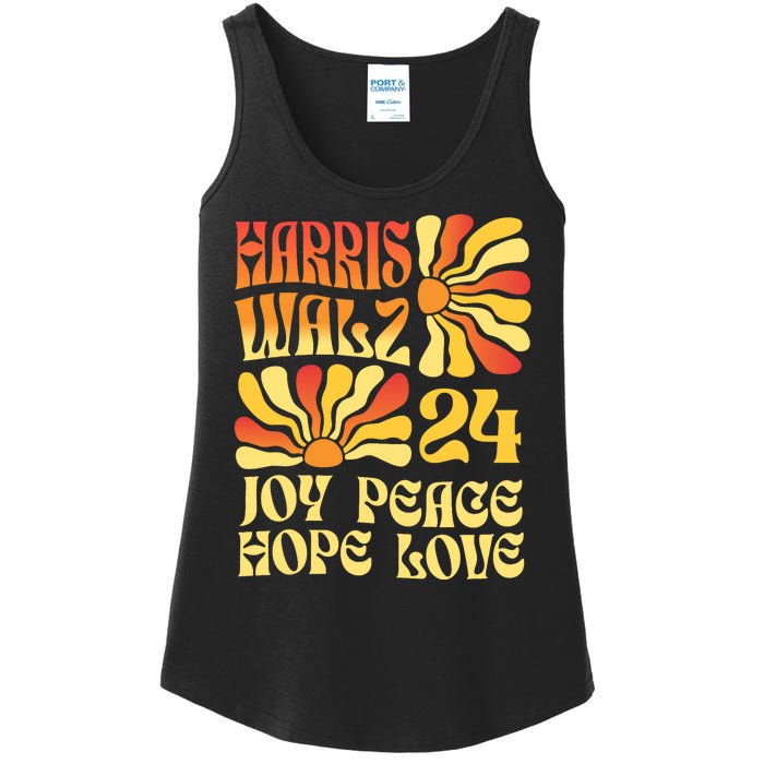 Retro Groovy Hope Joy Love Peace Kamala Harris Walz 2024 Ladies Essential Tank