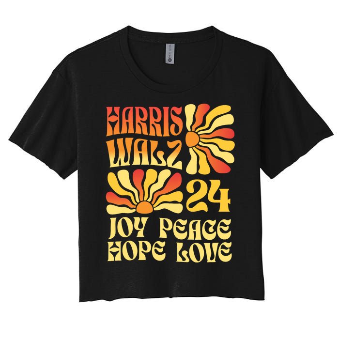 Retro Groovy Hope Joy Love Peace Kamala Harris Walz 2024 Women's Crop Top Tee