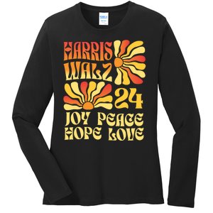 Retro Groovy Hope Joy Love Peace Kamala Harris Walz 2024 Ladies Long Sleeve Shirt