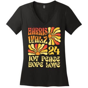 Retro Groovy Hope Joy Love Peace Kamala Harris Walz 2024 Women's V-Neck T-Shirt