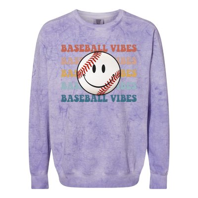 Retro Groovy Happy Face Baseball Vibes Baseball Face Colorblast Crewneck Sweatshirt