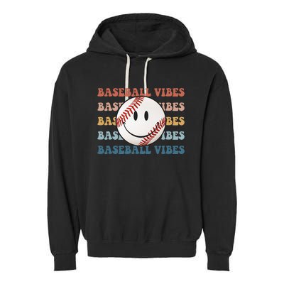 Retro Groovy Happy Face Baseball Vibes Baseball Face Garment-Dyed Fleece Hoodie