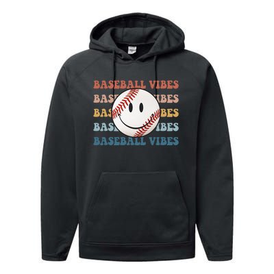 Retro Groovy Happy Face Baseball Vibes Baseball Face Performance Fleece Hoodie