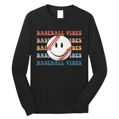 Retro Groovy Happy Face Baseball Vibes Baseball Face Long Sleeve Shirt