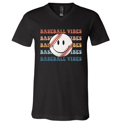 Retro Groovy Happy Face Baseball Vibes Baseball Face V-Neck T-Shirt