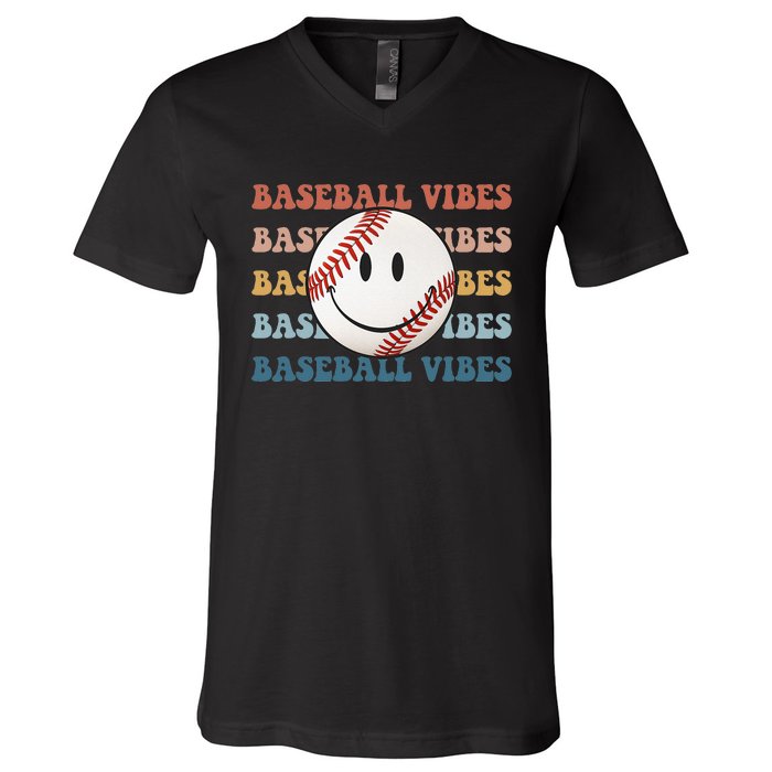 Retro Groovy Happy Face Baseball Vibes Baseball Face V-Neck T-Shirt