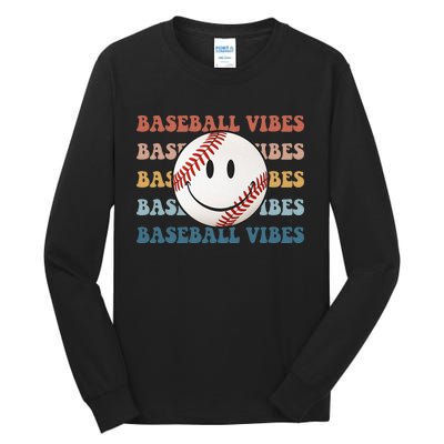 Retro Groovy Happy Face Baseball Vibes Baseball Face Tall Long Sleeve T-Shirt