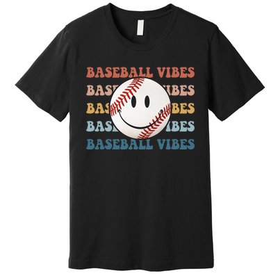 Retro Groovy Happy Face Baseball Vibes Baseball Face Premium T-Shirt