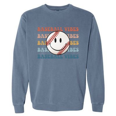 Retro Groovy Happy Face Baseball Vibes Baseball Face Garment-Dyed Sweatshirt