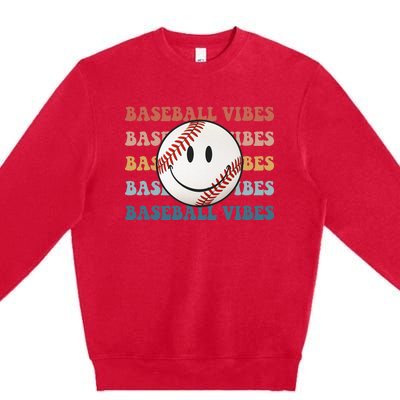 Retro Groovy Happy Face Baseball Vibes Baseball Face Premium Crewneck Sweatshirt