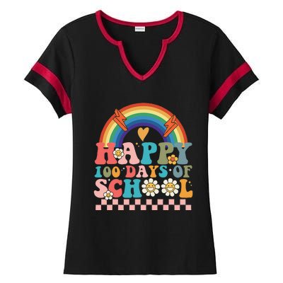 Retro Groovy Happy 100 Days Of School Teachers Ladies Halftime Notch Neck Tee