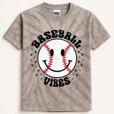 Retro Groovy Happy Face Baseball Vibes Baseball Face Kids Tie-Dye T-Shirt