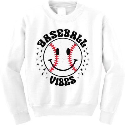 Retro Groovy Happy Face Baseball Vibes Baseball Face Kids Sweatshirt