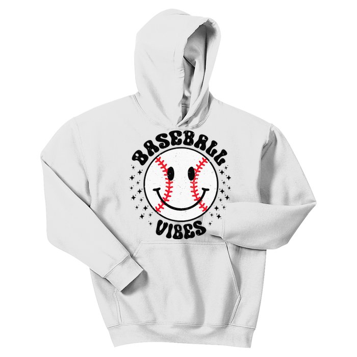 Retro Groovy Happy Face Baseball Vibes Baseball Face Kids Hoodie