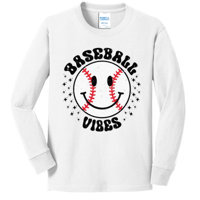 Retro Groovy Happy Face Baseball Vibes Baseball Face Kids Long Sleeve Shirt