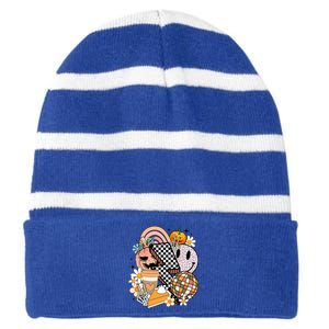 Retro Groovy Halloween Fall Vibes Smile Face Pumpkin Spice Gift Striped Beanie with Solid Band