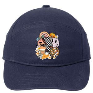 Retro Groovy Halloween Fall Vibes Smile Face Pumpkin Spice Gift 7-Panel Snapback Hat