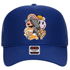 Retro Groovy Halloween Fall Vibes Smile Face Pumpkin Spice Gift High Crown Mesh Back Trucker Hat