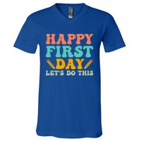 Retro Groovy Happy First Day School Funny Gift Teacher Students Gift V-Neck T-Shirt